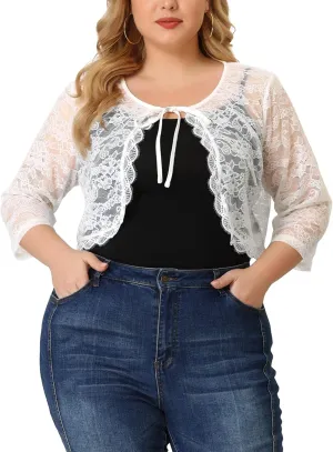 Agnes Orinda Bolero Cardigan for Women's Plus Size Office Tie Front Crop Floral Sheer Lace Shrug