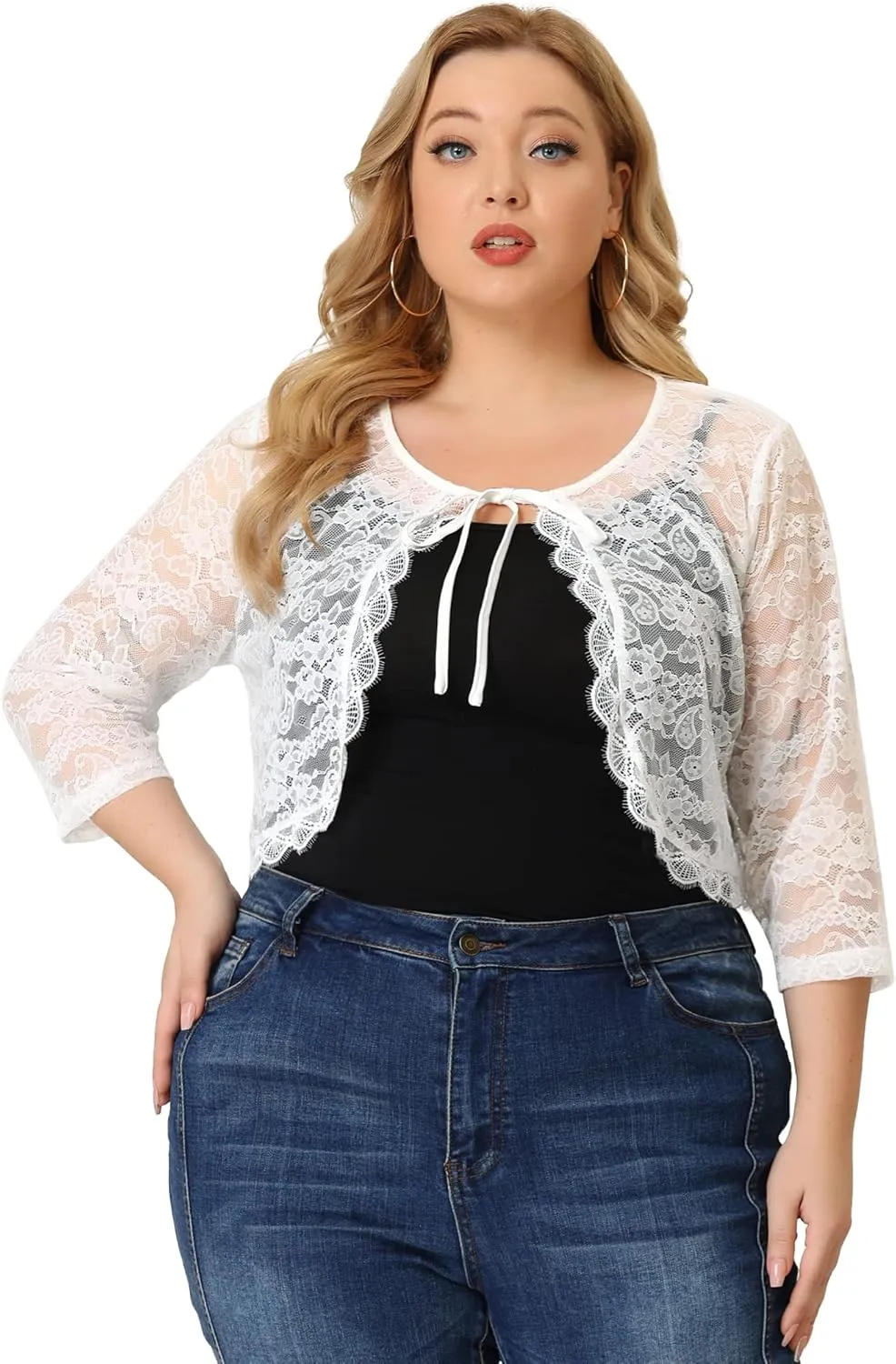 Agnes Orinda Bolero Cardigan for Women's Plus Size Office Tie Front Crop Floral Sheer Lace Shrug