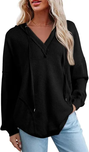 AlvaQ Women Hoodies Oversized Sweatshirts Casual Long Sleeve V Neck Drawstring Waffle Knit Tops Fashion Outfits