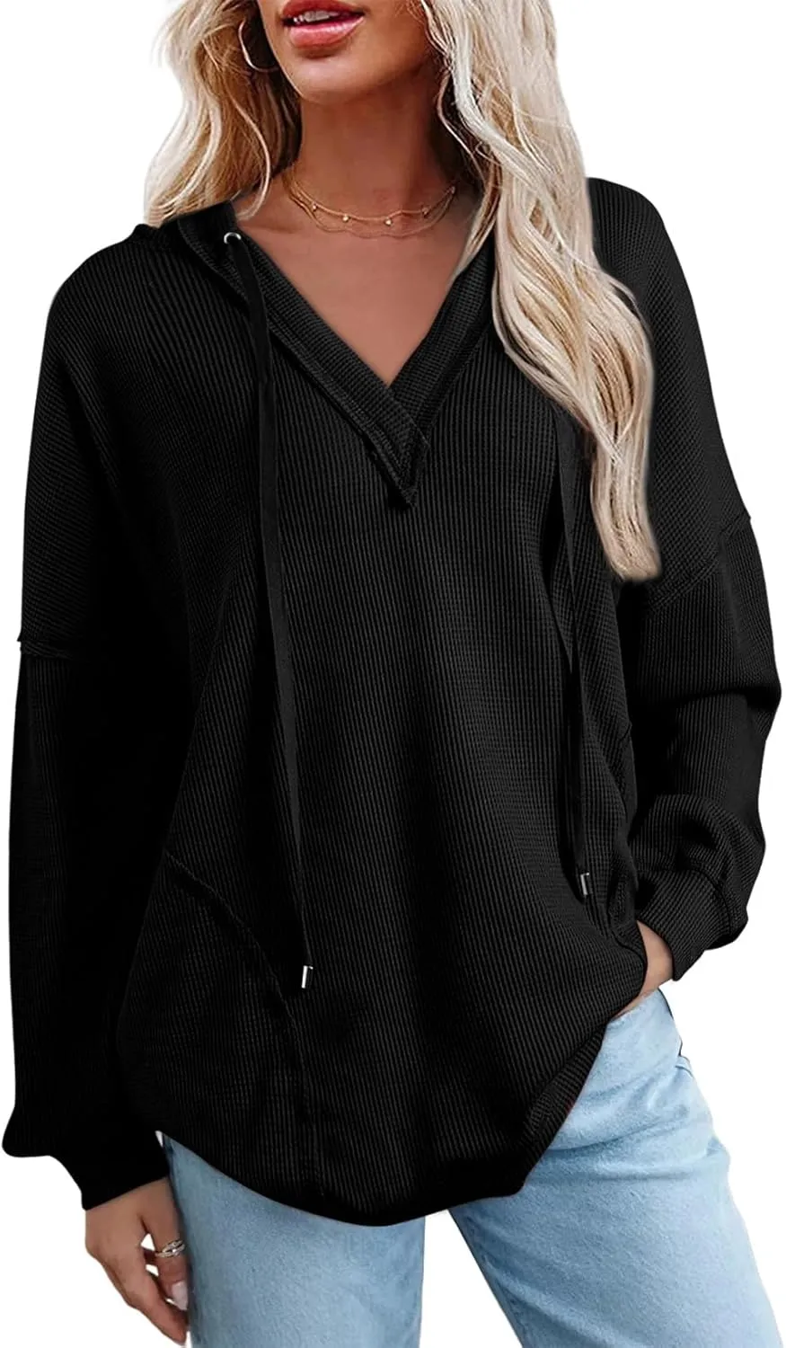 AlvaQ Women Hoodies Oversized Sweatshirts Casual Long Sleeve V Neck Drawstring Waffle Knit Tops Fashion Outfits