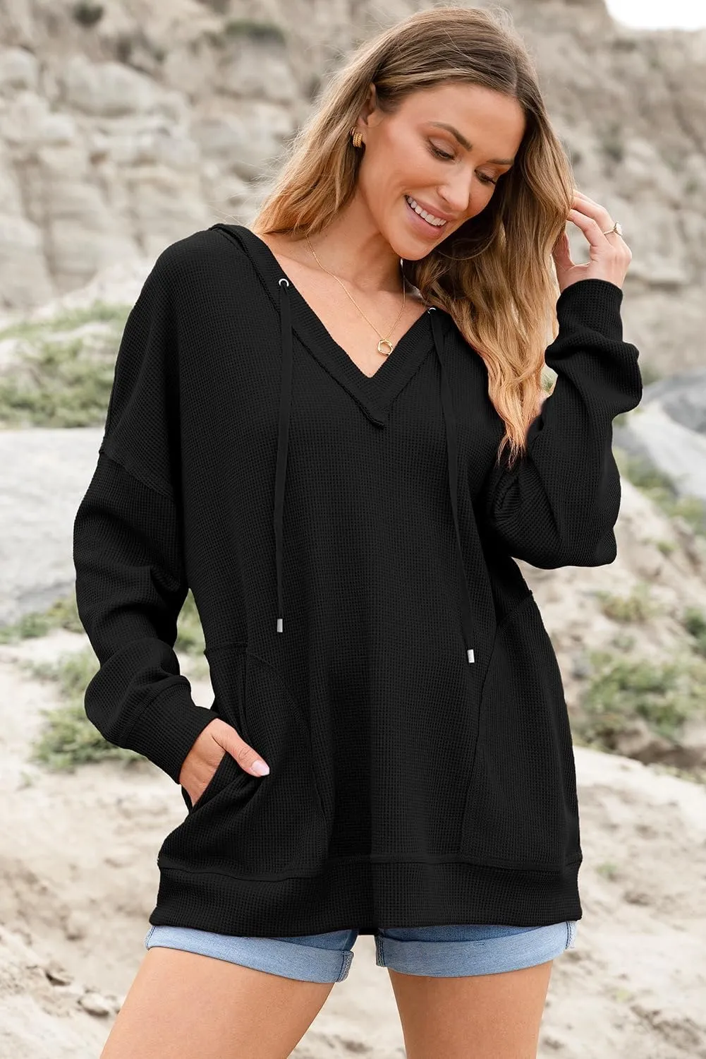 AlvaQ Women Hoodies Oversized Sweatshirts Casual Long Sleeve V Neck Drawstring Waffle Knit Tops Fashion Outfits