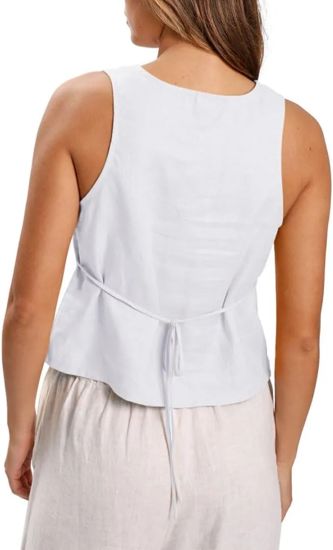 Amazhiyu Women's 100% Linen Summer V Neck Sleeveless Tank Tops Ties Back Casual