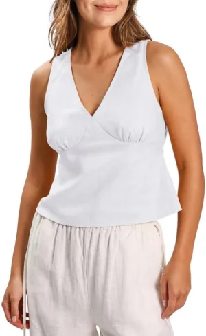 Amazhiyu Women's 100% Linen Summer V Neck Sleeveless Tank Tops Ties Back Casual