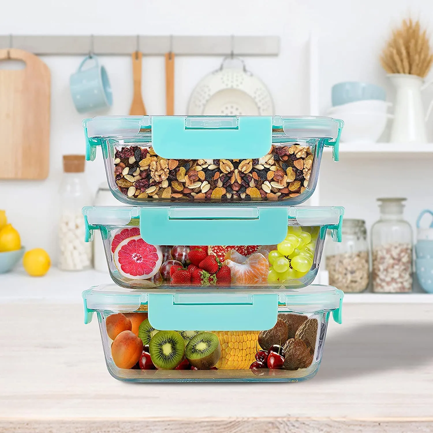 Amazon Brand - Solimo Multipurpose Glass Containers/Lunch Boxes for Office with Break-Free, Detachable Locks, Airtight, Leakproof, Microwave-Safe, Freezer-Safe, Set of 3, Rectangle (1,500 ml Each)