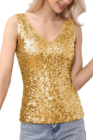 Anna-Kaci Women's Sparkly V-Neck Sequin Tank Tops Sleeveless Sexy Glitter Disco Club Party Vest