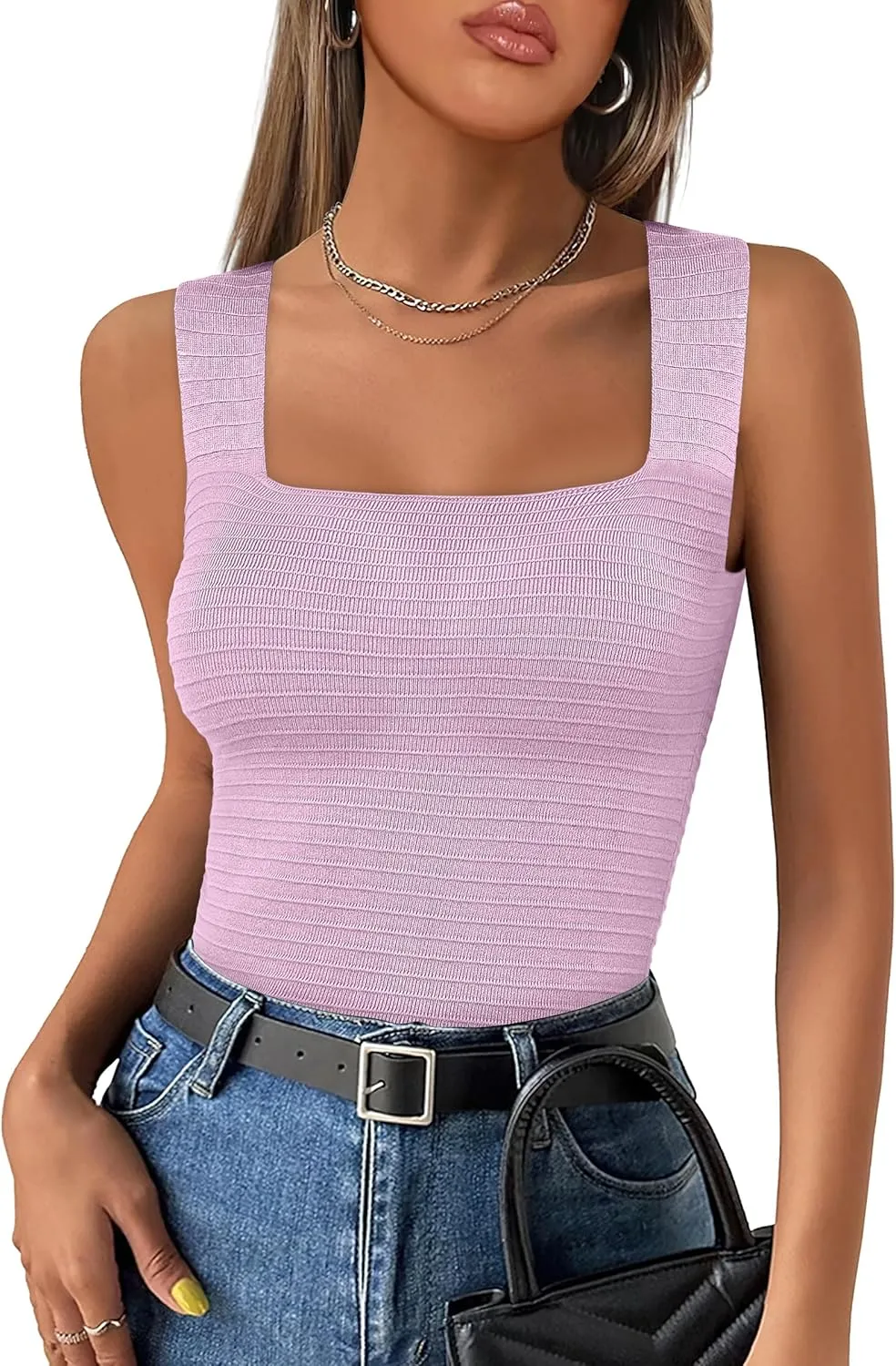 ANRABESS Tank Tops for Women 2025 Summer Square Neck Rib Knit Sleeveless Basic Slim Fit Shirts Casual Top Trendy Outfits