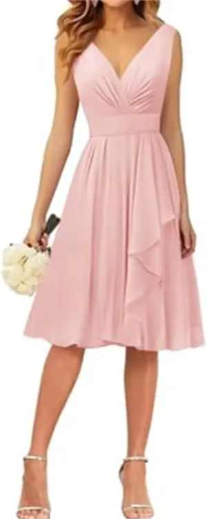 ANYSWBKN Short Bridesmaid Dresses for Wedding Bridesmaid Teens V Neck Chiffon Evening Party Homecoming Gown A188