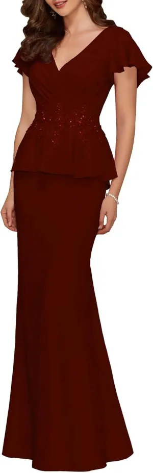 Appliques Mermaid Mother of The Bride Dresses Short Sleeve V Neck Chiffon Mother of The Groom Dresses for Wedding Guest