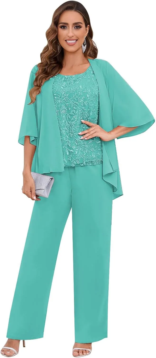 AUMEELAM Chiffon Mother of The Bride Pant Suits 3PCS Wedding Formal Outfit Set Sequin Lace Evening Gown for Women
