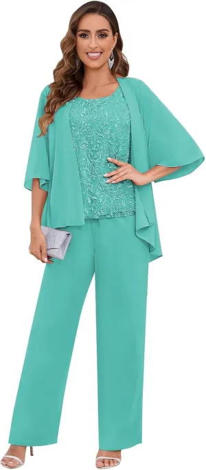 AUMEELAM Chiffon Mother of The Bride Pant Suits 3PCS Wedding Formal Outfit Set Sequin Lace Evening Gown for Women