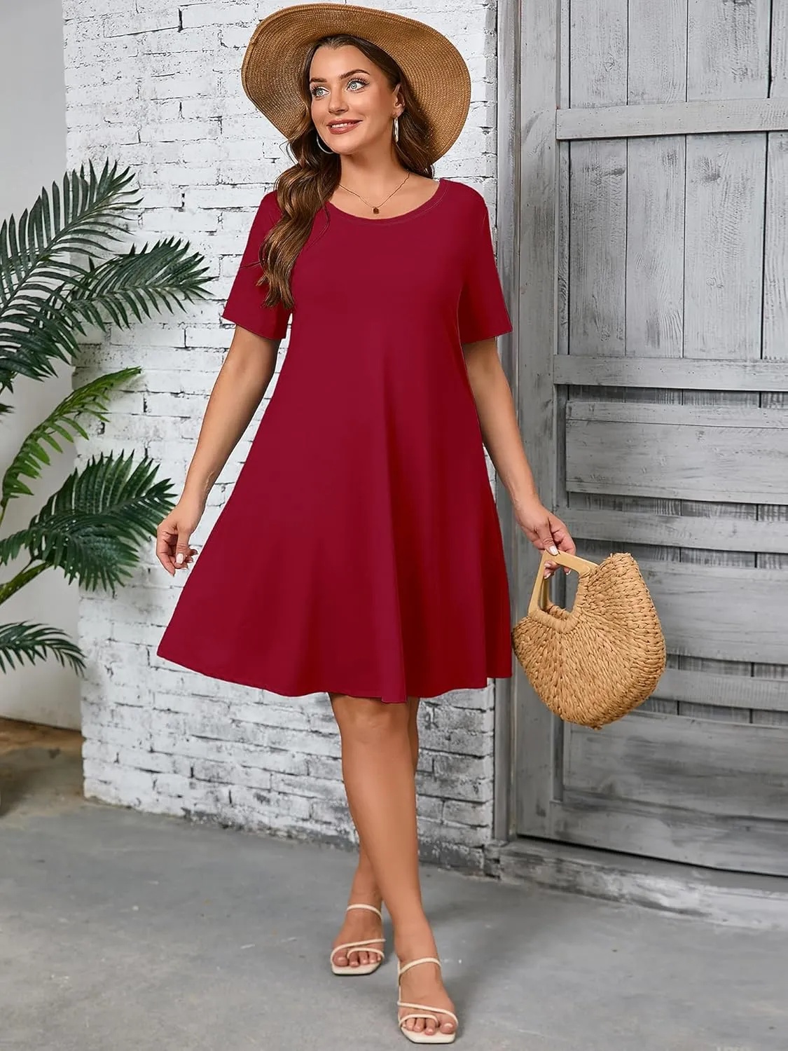AusLook Plus Size Women's Summer Short Sleeves Crew Neck Midi Dresses Casual Loose Fitting Tank Sundress with Pockets