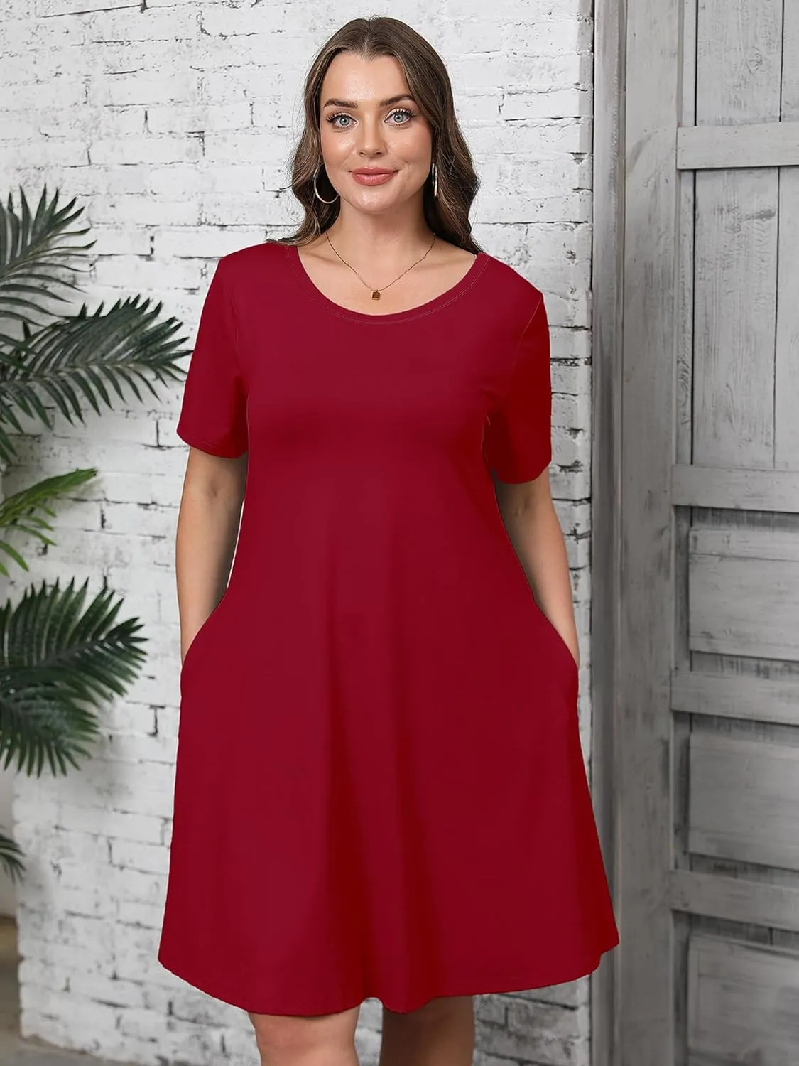 AusLook Plus Size Women's Summer Short Sleeves Crew Neck Midi Dresses Casual Loose Fitting Tank Sundress with Pockets