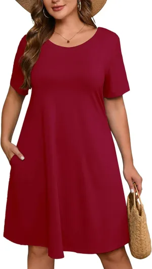 AusLook Plus Size Women's Summer Short Sleeves Crew Neck Midi Dresses Casual Loose Fitting Tank Sundress with Pockets