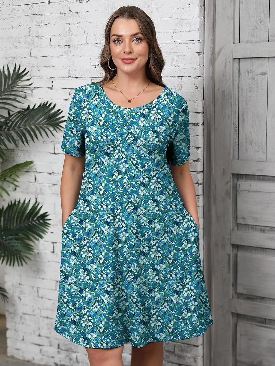 AusLook Plus Size Women's Summer Short Sleeves Crew Neck Midi Dresses Casual Loose Fitting Tank Sundress with Pockets