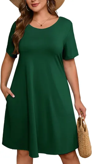 AusLook Plus Size Women's Summer Short Sleeves Crew Neck Midi Dresses Casual Loose Fitting Tank Sundress with Pockets