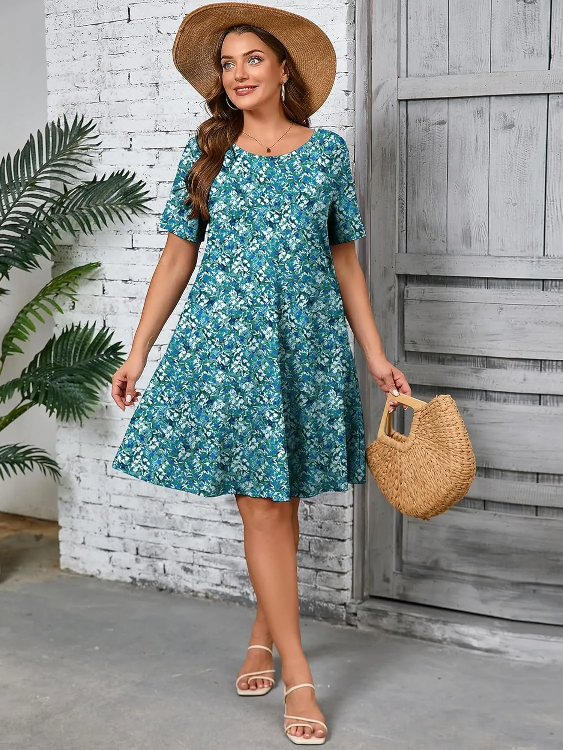 AusLook Plus Size Women's Summer Short Sleeves Crew Neck Midi Dresses Casual Loose Fitting Tank Sundress with Pockets