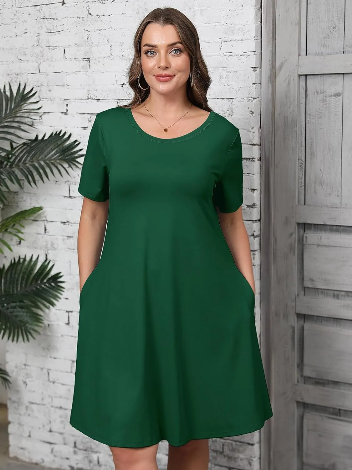 AusLook Plus Size Women's Summer Short Sleeves Crew Neck Midi Dresses Casual Loose Fitting Tank Sundress with Pockets