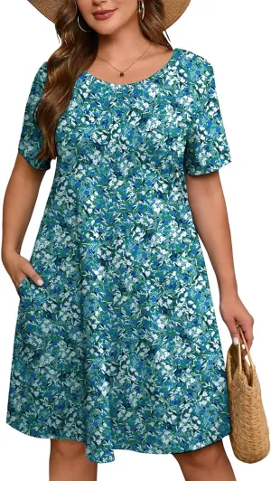 AusLook Plus Size Women's Summer Short Sleeves Crew Neck Midi Dresses Casual Loose Fitting Tank Sundress with Pockets