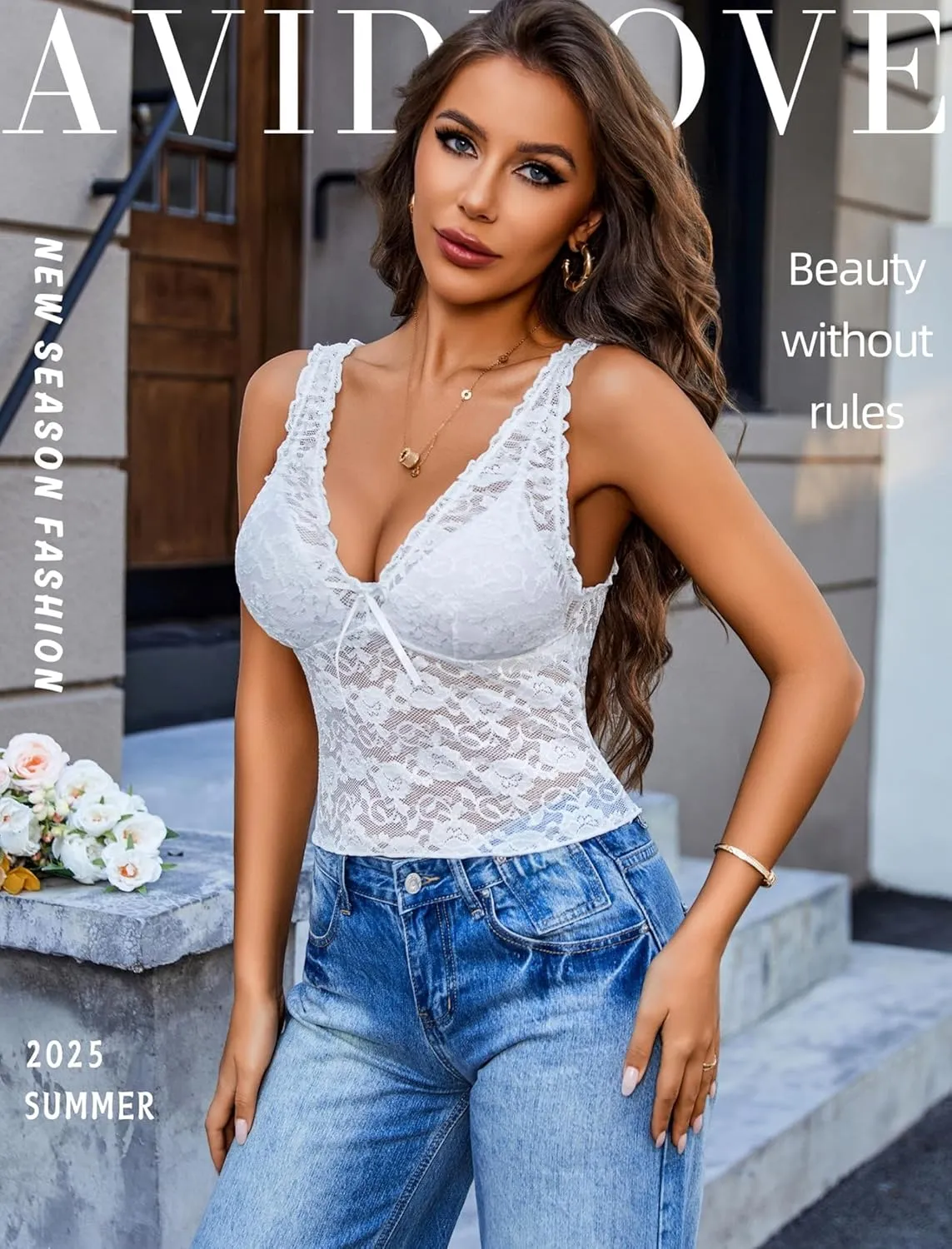 Avidlove Lace Tops for Women Mesh Top Crop Tank Tops Sexy V Neck Sleeveless Trendy Y2K Lace Undershirt