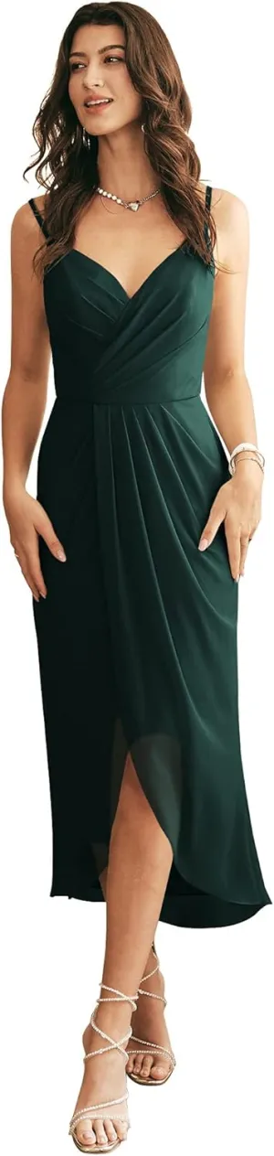 AW BRIDAL Dark Emerald Spaghetti Chiffon Bridesmaid Dress Midi Evening Party Gown with Split Tulip Skirt, US6
