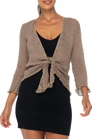 Back From Bali Womens 100% Cotton Shrug Tie Front Cardigan Lightweight Soft Knit 3/4 Sleeve Open Front Sweater