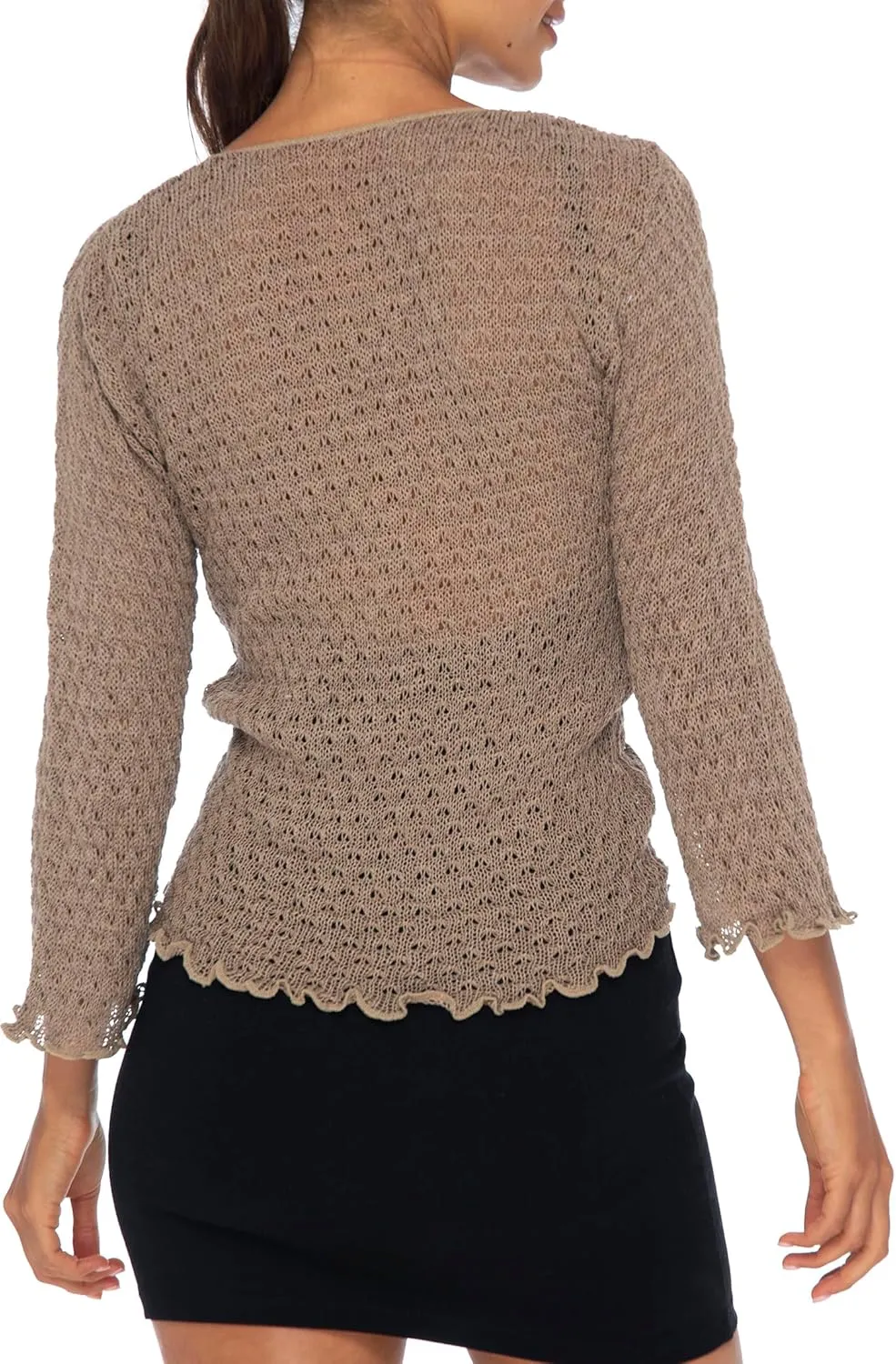 Back From Bali Womens 100% Cotton Shrug Tie Front Cardigan Lightweight Soft Knit 3/4 Sleeve Open Front Sweater