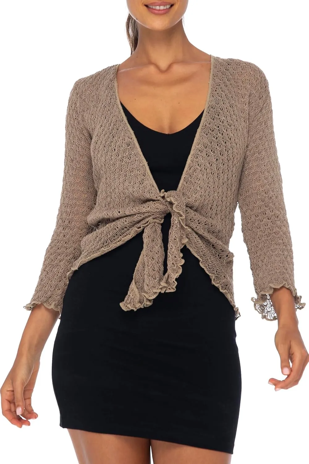 Back From Bali Womens 100% Cotton Shrug Tie Front Cardigan Lightweight Soft Knit 3/4 Sleeve Open Front Sweater