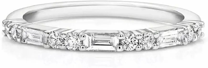 Baguette & Round Cut Simulated White Diamond Half Eternity Wedding Band Minimalist Dainty Engagement Ring In 925 Sterling Silver 14K White Gold Finish for Women's