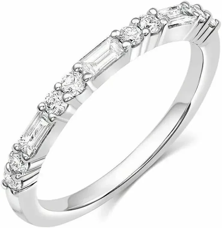 Baguette & Round Cut Simulated White Diamond Half Eternity Wedding Band Minimalist Dainty Engagement Ring In 925 Sterling Silver 14K White Gold Finish for Women's
