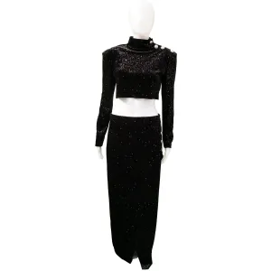 BALMAIN PRE FALL 2018 GLITTER VELVET CROP TOP MAXI SKIRT NEW WITH TAGS