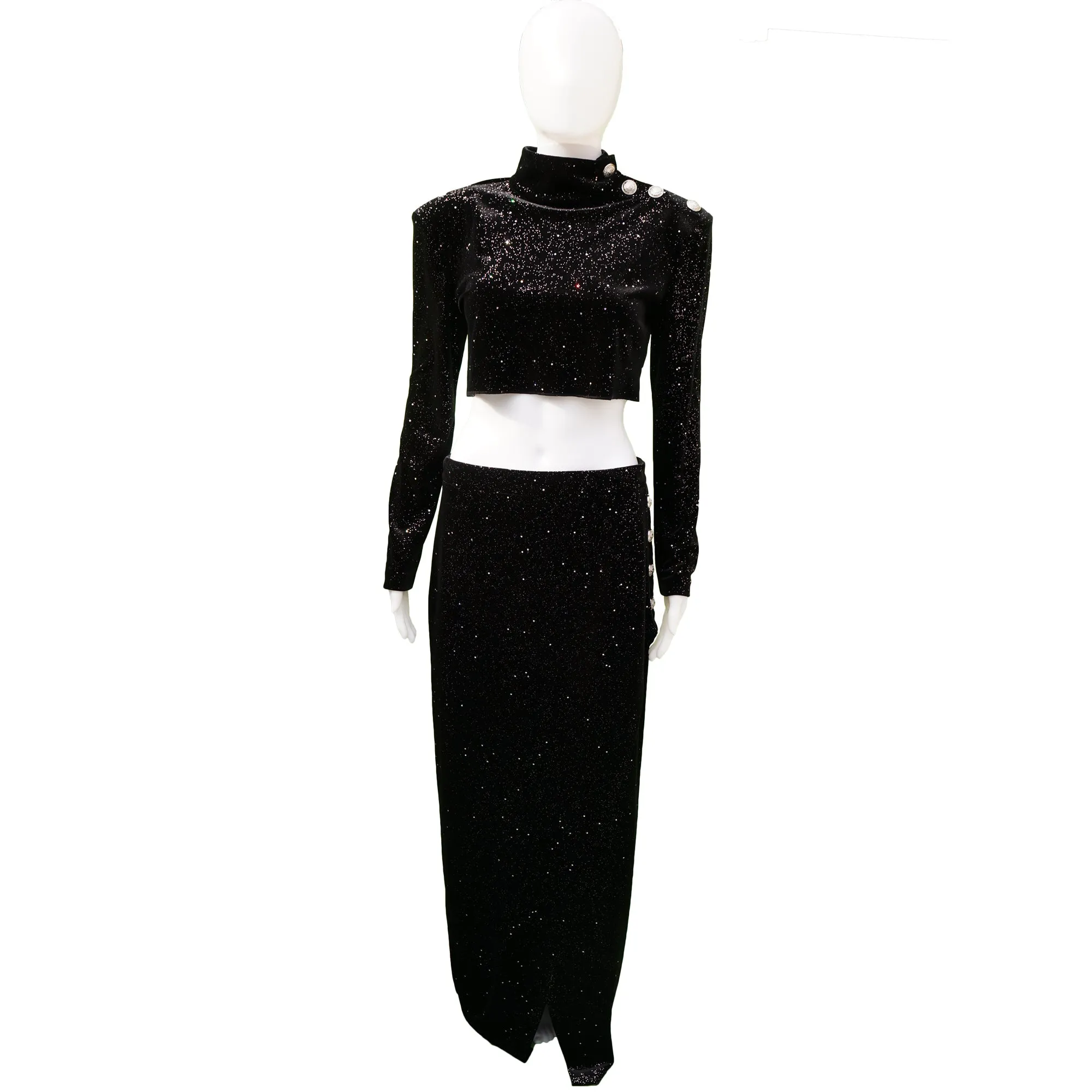BALMAIN PRE FALL 2018 GLITTER VELVET CROP TOP MAXI SKIRT NEW WITH TAGS