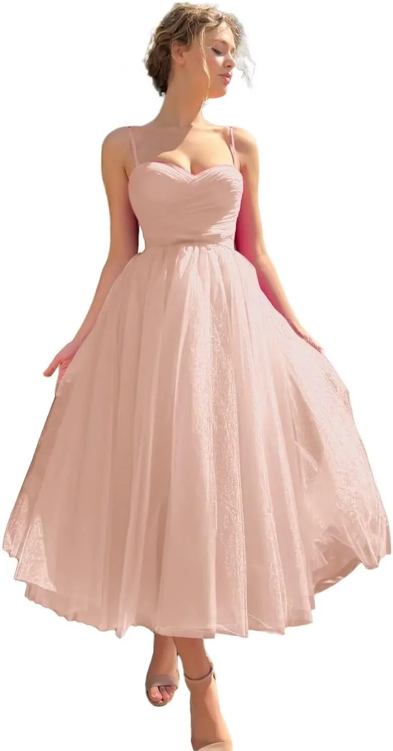 Basgute Tulle Tea Length Prom Dresses for Women Corset Sweetheart Spaghetti Straps Teens Formal Evening Party Gowns