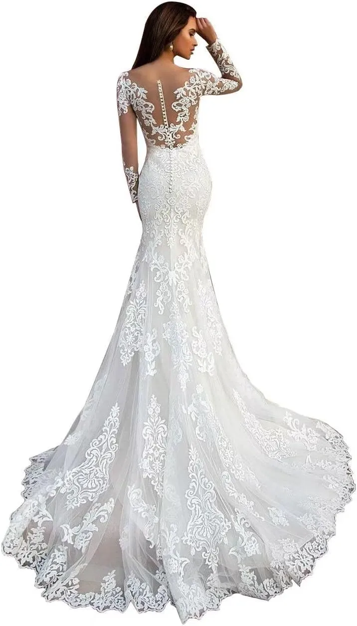 Beach Mermaid Wedding Dresses for Bride 2025 Lace Appliques Tulle Boho Bride Dress with Train