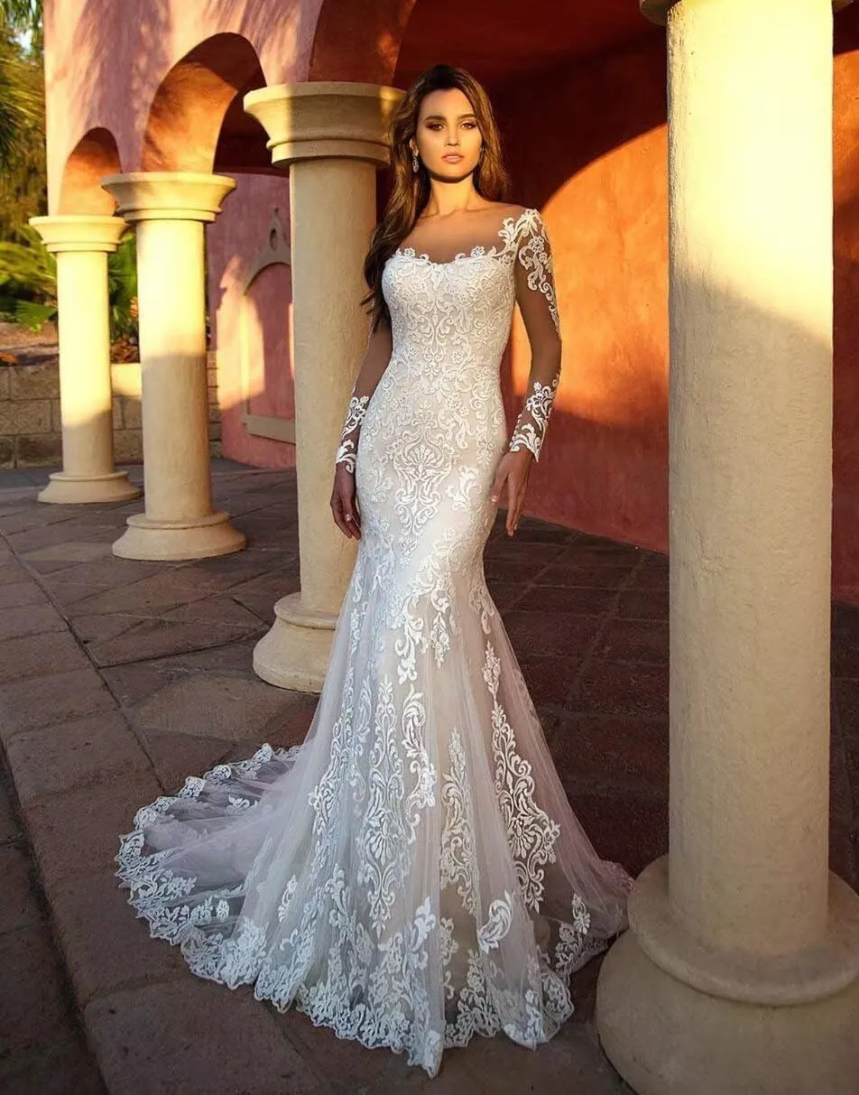 Beach Mermaid Wedding Dresses for Bride 2025 Lace Appliques Tulle Boho Bride Dress with Train