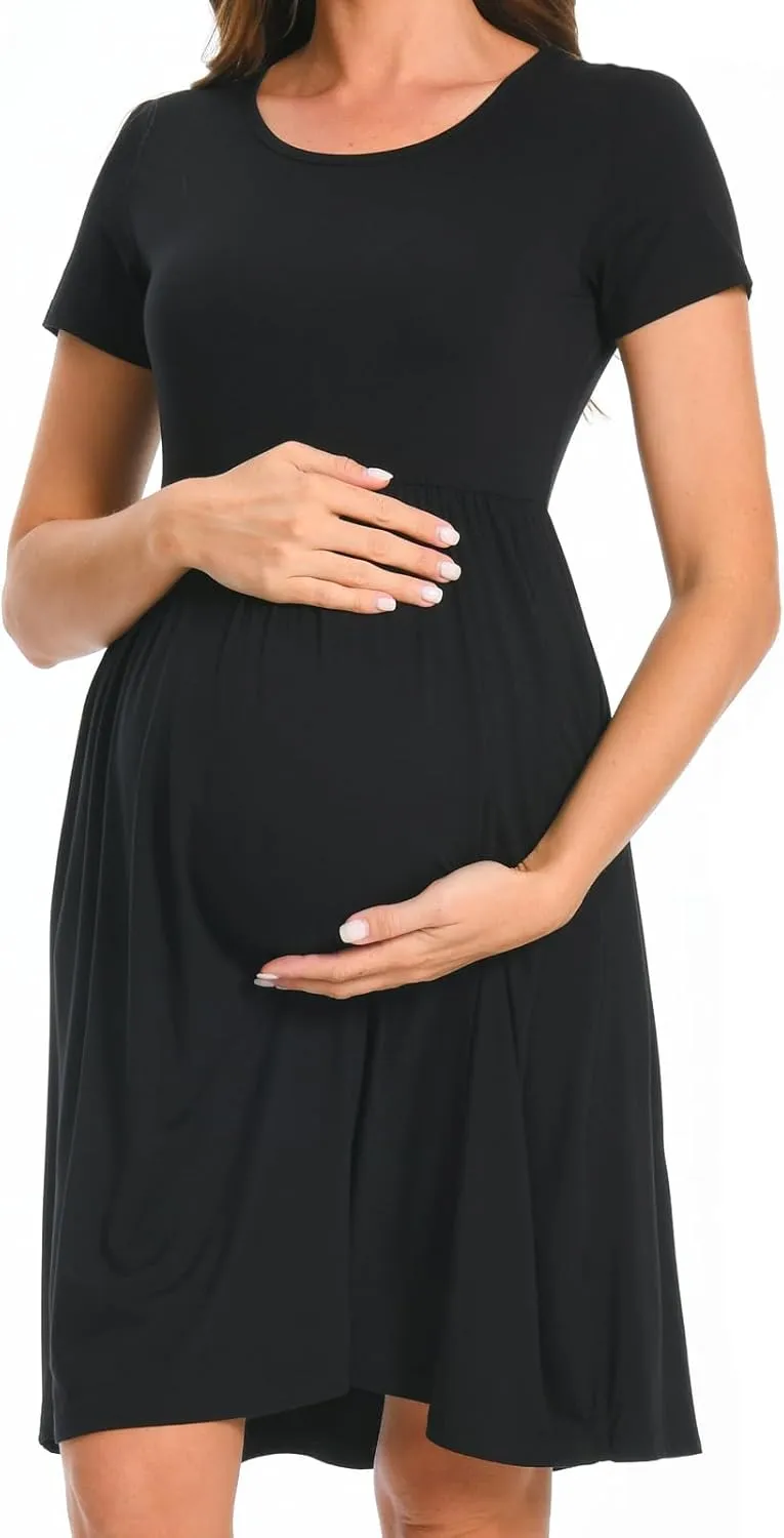 Bearsland Womens Long Sleeve Maternity Dresses Patchwork Pregnancy Dress with Pocket