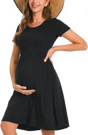 Bearsland Womens Long Sleeve Maternity Dresses Patchwork Pregnancy Dress with Pocket
