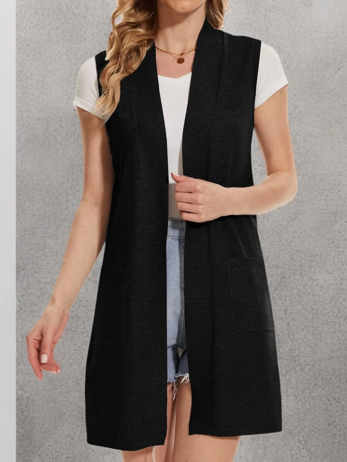 Beautiful Nomad Sleeveless Cardigans for Women Long Sweater Vest Jacket Ribbed Outerwear Coat with Pockets