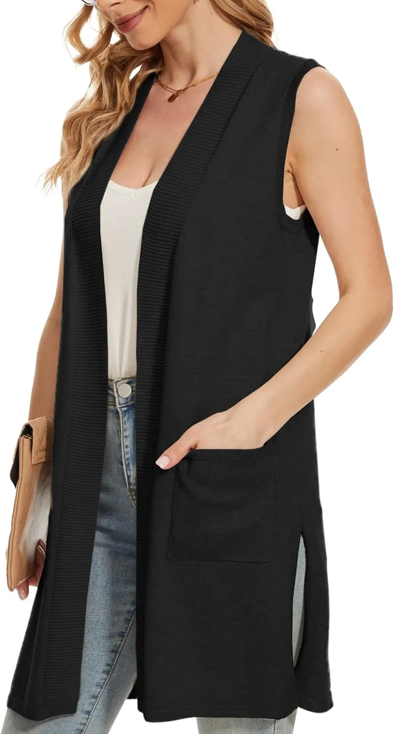 Beautiful Nomad Sleeveless Cardigans for Women Long Sweater Vest Jacket Ribbed Outerwear Coat with Pockets