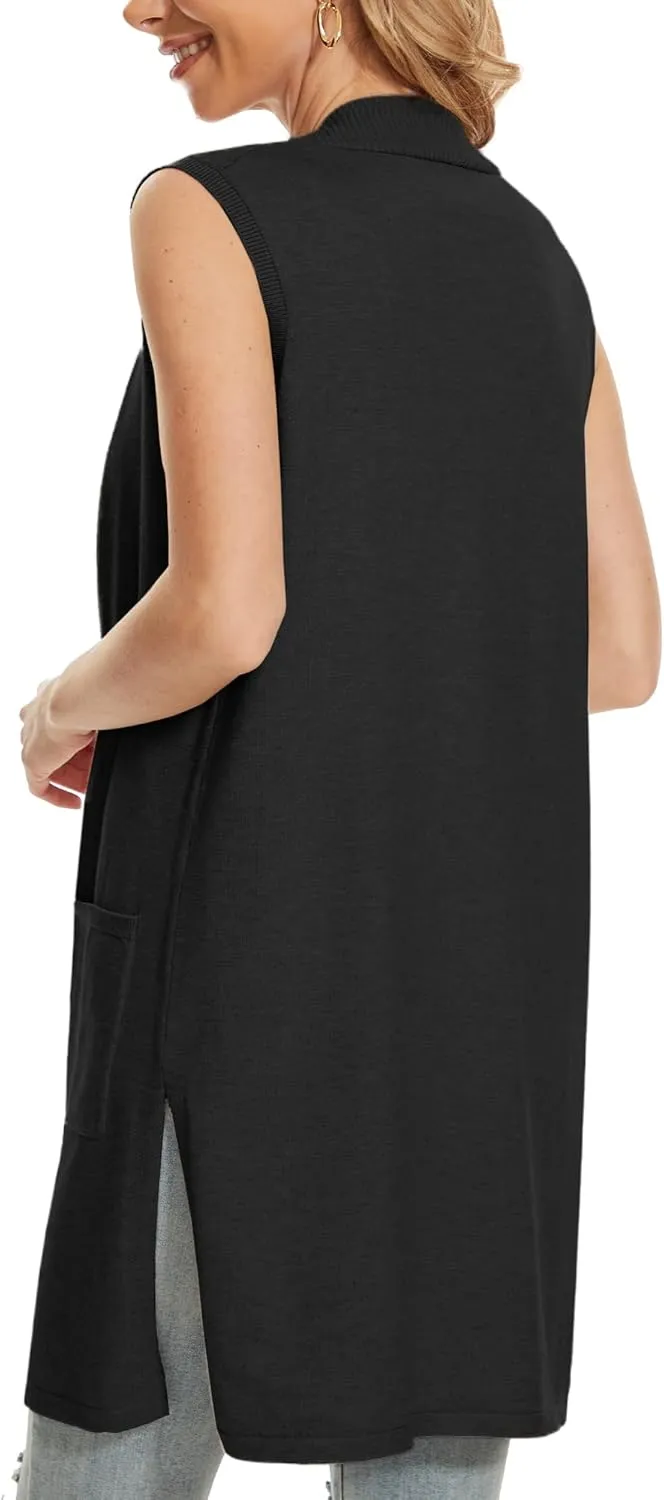 Beautiful Nomad Sleeveless Cardigans for Women Long Sweater Vest Jacket Ribbed Outerwear Coat with Pockets