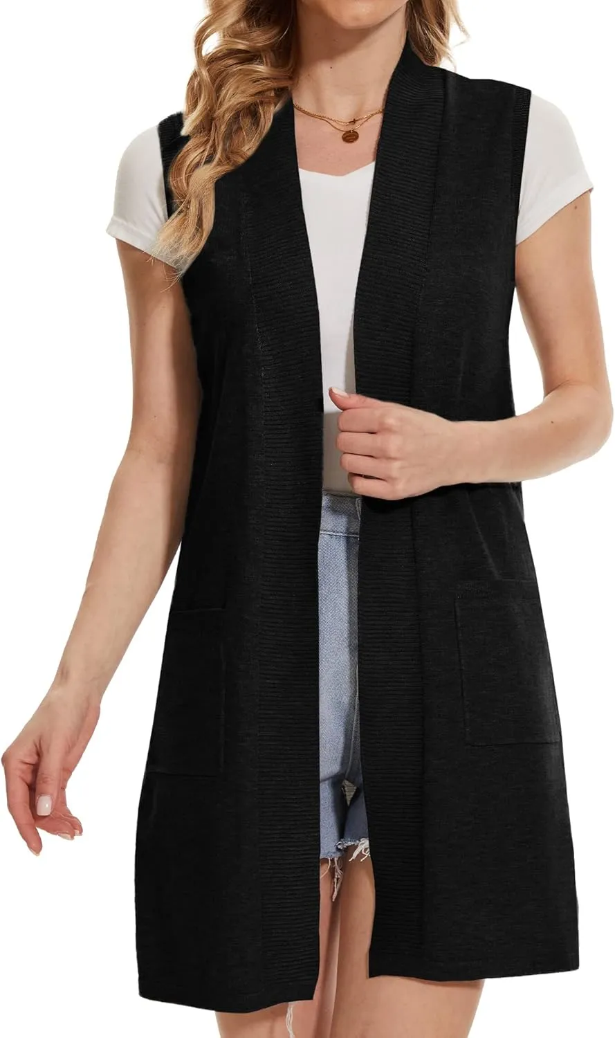 Beautiful Nomad Sleeveless Cardigans for Women Long Sweater Vest Jacket Ribbed Outerwear Coat with Pockets