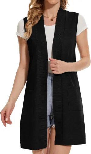 Beautiful Nomad Sleeveless Cardigans for Women Long Sweater Vest Jacket Ribbed Outerwear Coat with Pockets