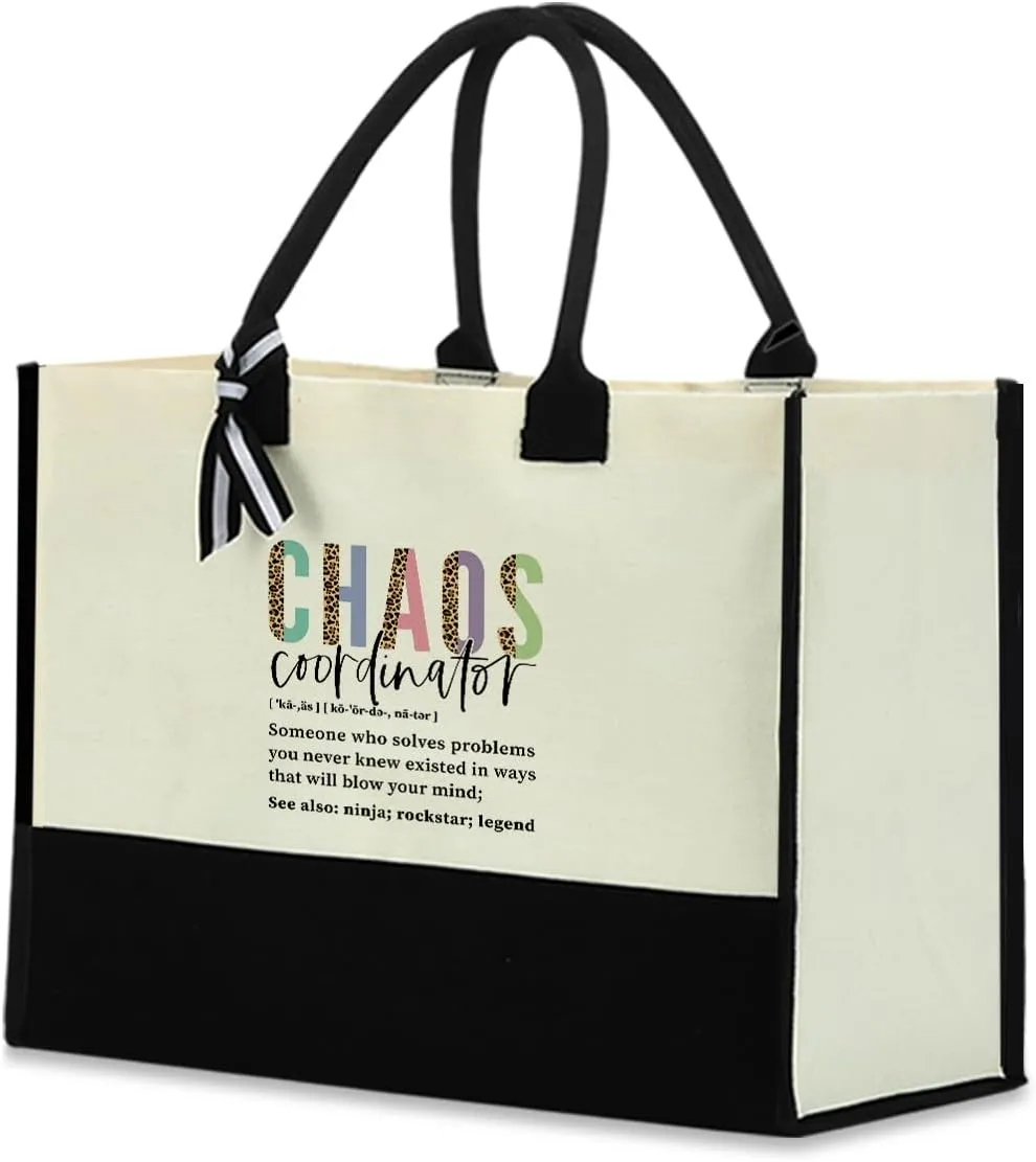Blue Leaves Chaos Coordinator Waterproof Large Reusable Grocery Bags Tote Bag Thank You Appreciation Gift for Women Boss