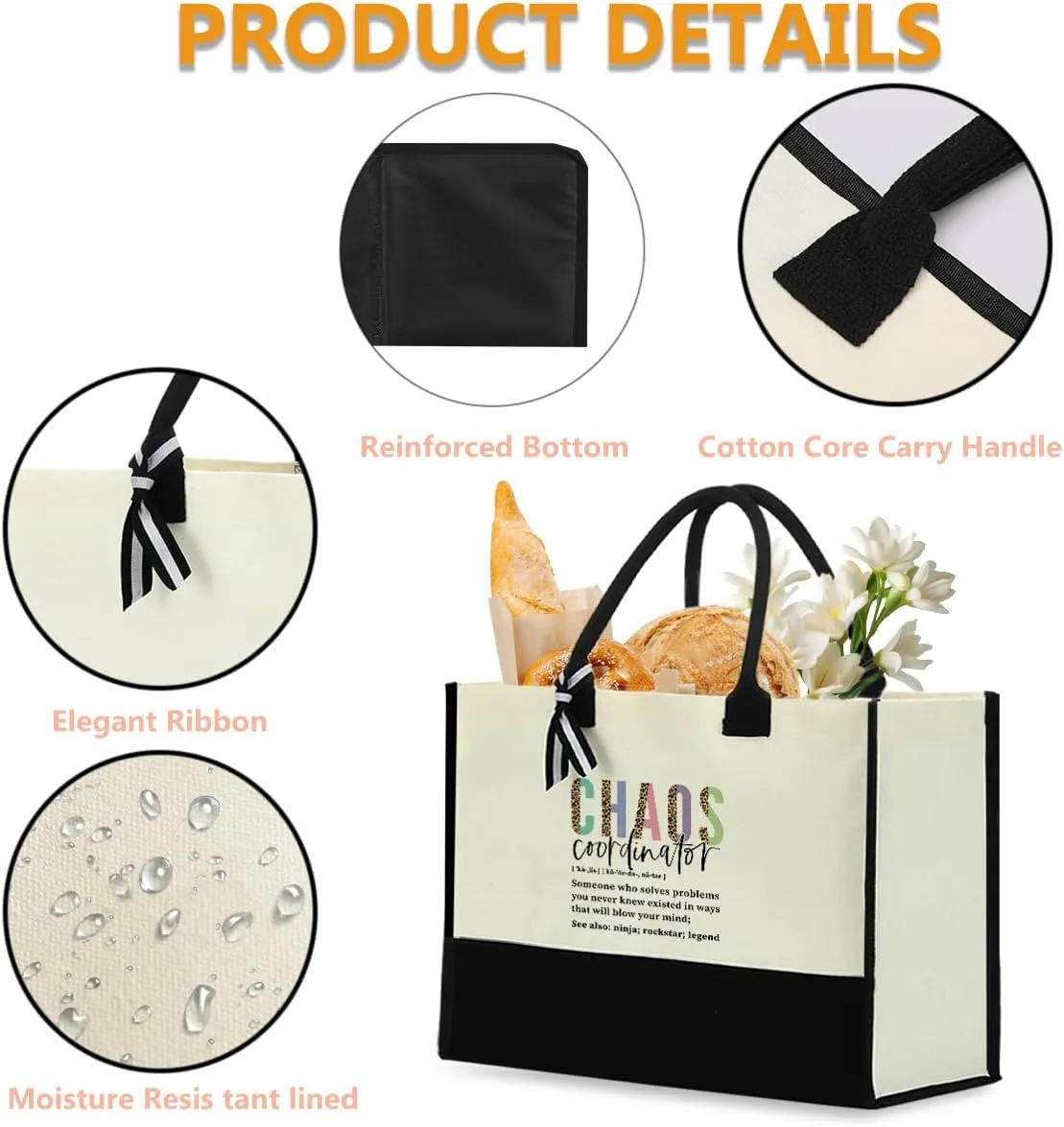 Blue Leaves Chaos Coordinator Waterproof Large Reusable Grocery Bags Tote Bag Thank You Appreciation Gift for Women Boss