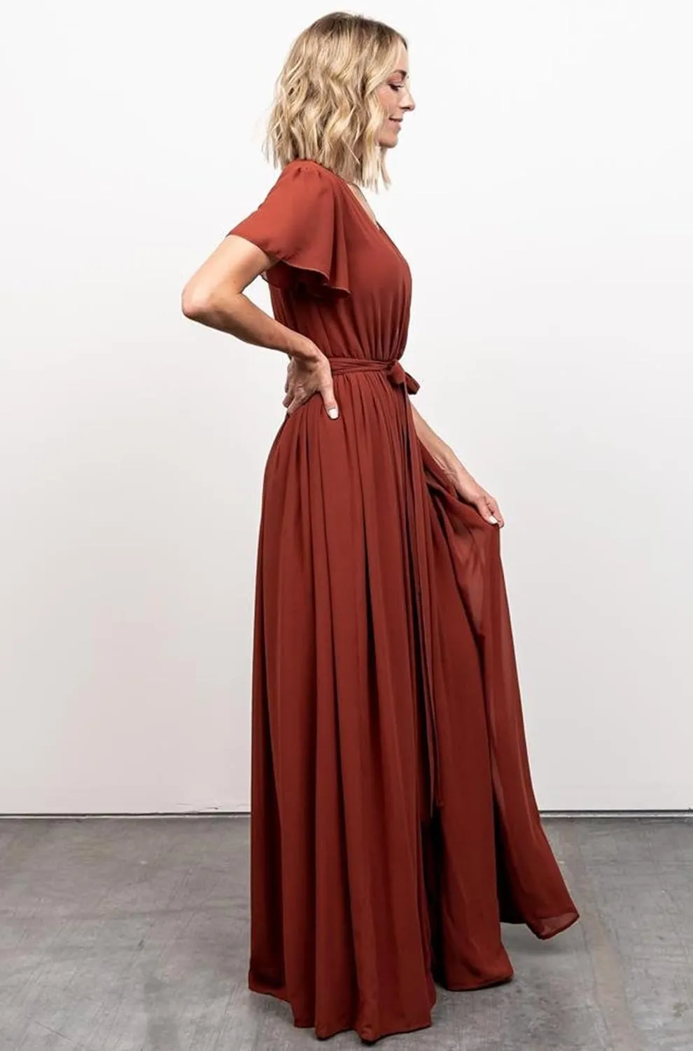 BOLENSYE Women's V Neck Bridesmaid Dresses with Sleeves A Line Chiffon Long Formal Slit Evening Party Gowns