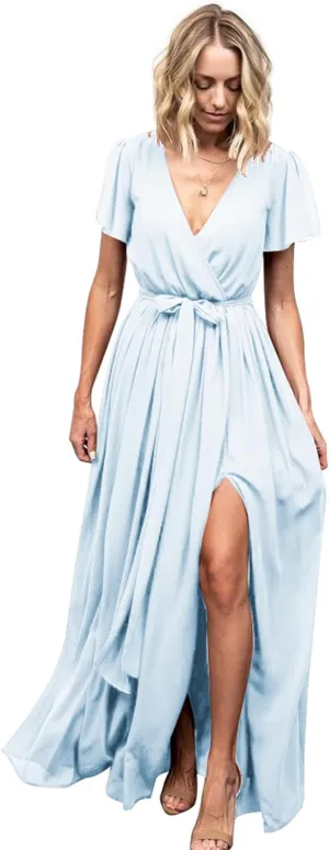 BOLENSYE Women's V Neck Bridesmaid Dresses with Sleeves A Line Chiffon Long Formal Slit Evening Party Gowns