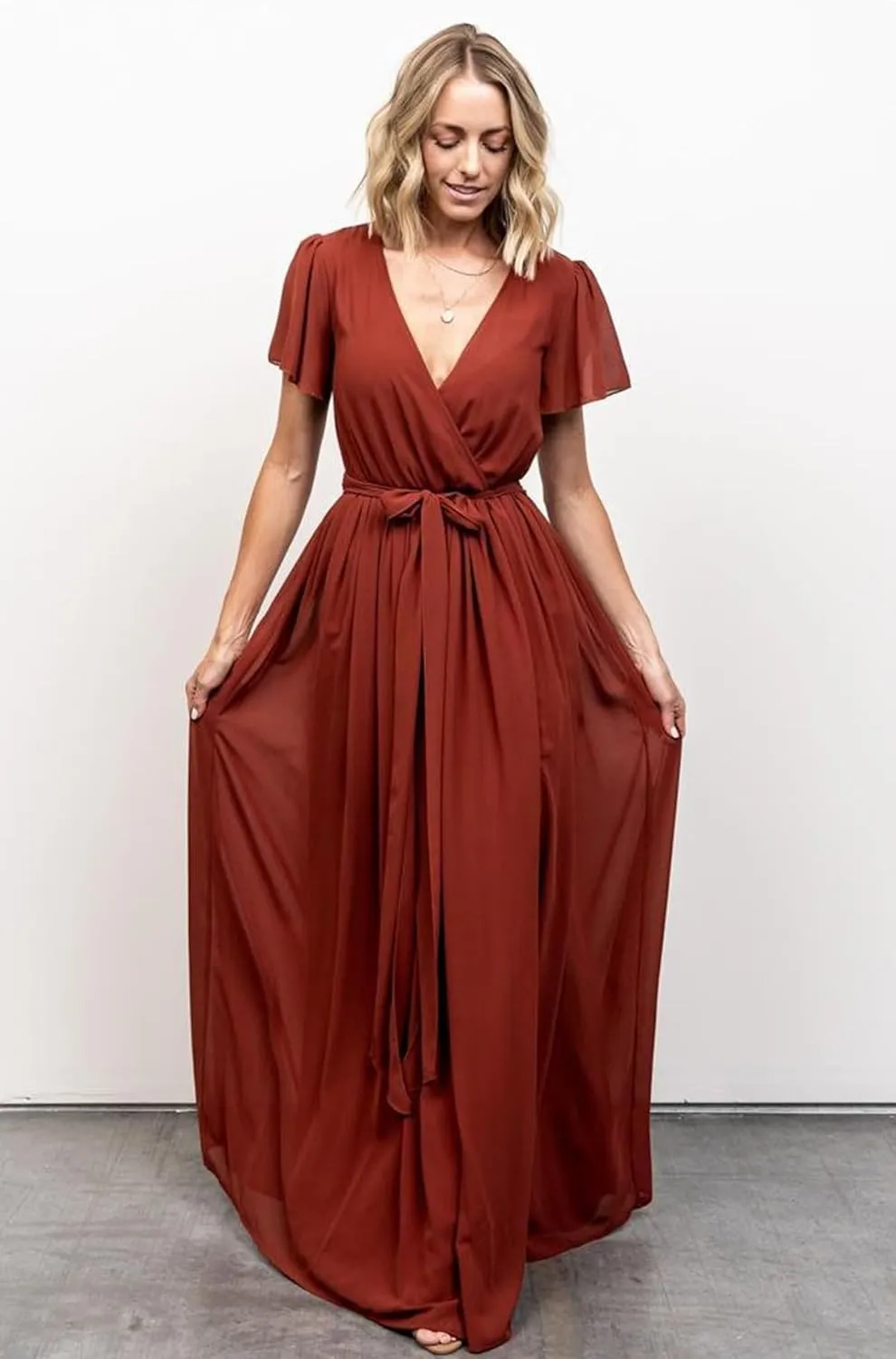BOLENSYE Women's V Neck Bridesmaid Dresses with Sleeves A Line Chiffon Long Formal Slit Evening Party Gowns