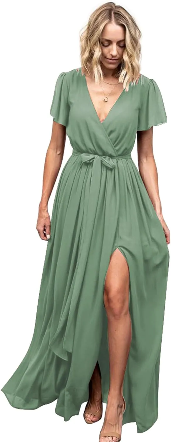 BOLENSYE Women's V Neck Bridesmaid Dresses with Sleeves A Line Chiffon Long Formal Slit Evening Party Gowns
