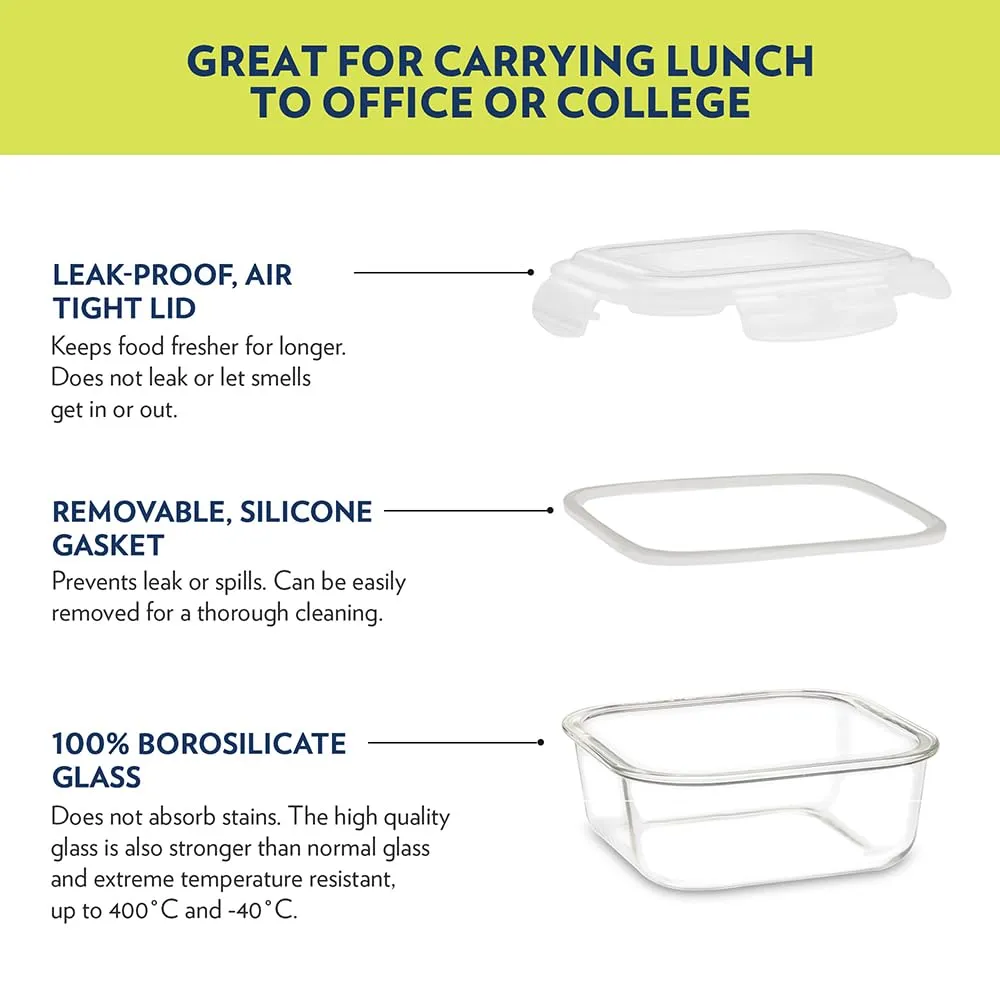 Borosil Elite Borosilicate Glass Lunch Box - Set of 2, 320 ml, Horizontal, Break and Chip Resistant, Microwave Safe Office Tiffin