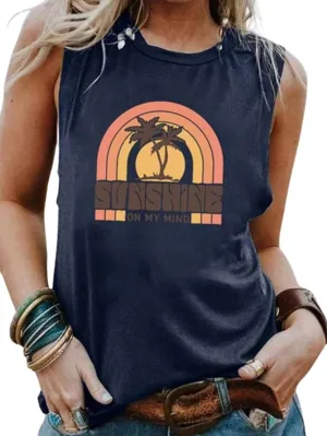 Bring On The Sunshine O-Neck Tank Tops Women Seaside Sunshine Graphic Printed Casual Loose Tops Summer Holiday Tanks