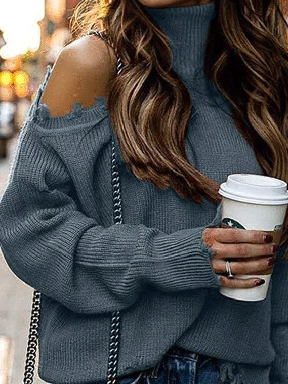 Brushed Vintage Turtleneck Off-Shoulder Long Sleeve Sweater